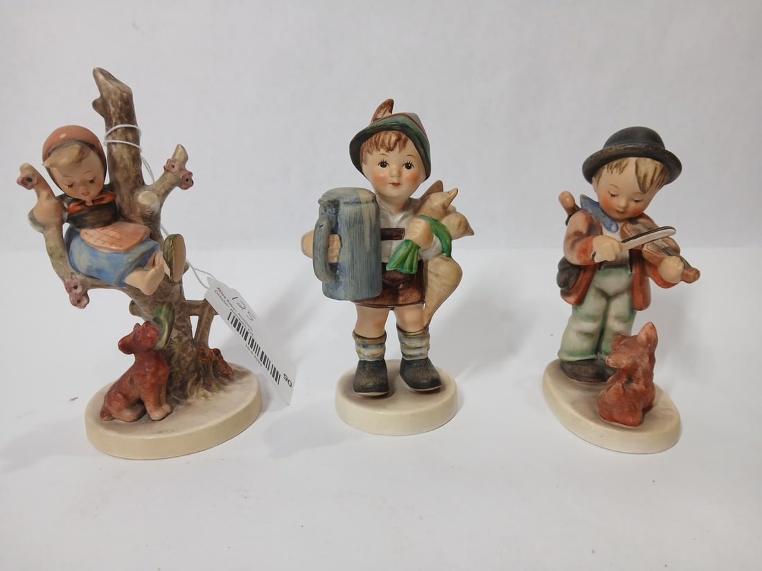 Goebel Hummel Figurines: Adoration 35, has a repair to hair. Telling her secret- dated 1948, and Coquettes 179.