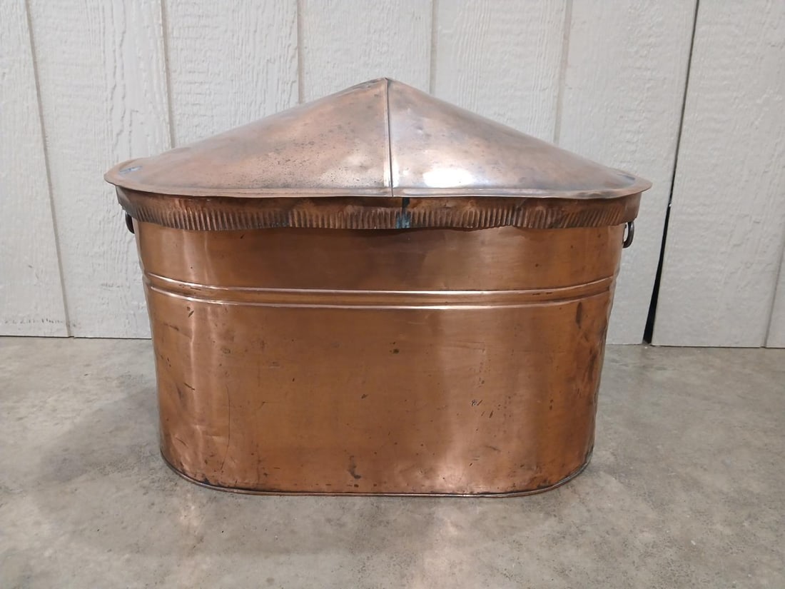 Shined Copper Boiler with Domed Lid & Trivet: Several minor dents but this is a great showy piece. 23x14x17