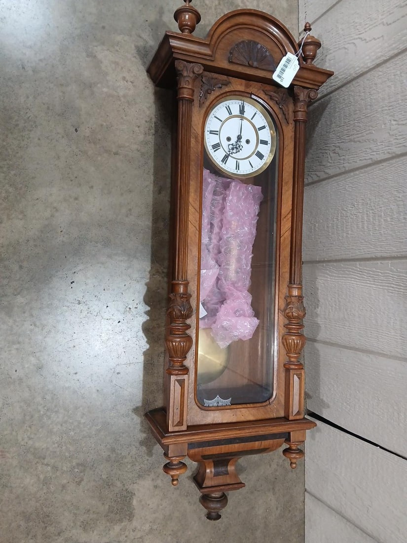 Gustav Brecker Wall Clock: Includes pendulum, weights, and key. 40 inches tall, working condition.