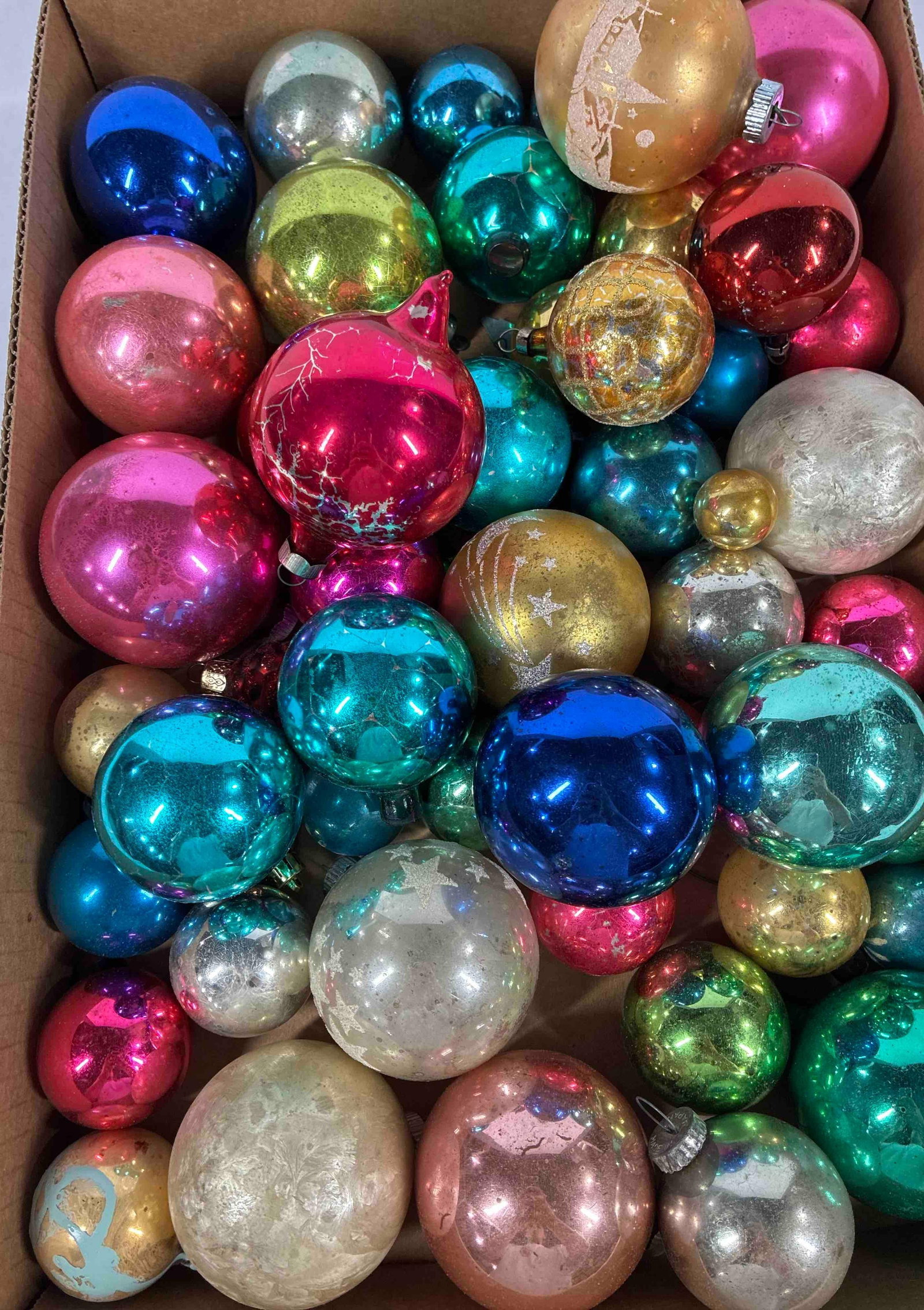1950s Mercury Glass Christmas Ornaments: A great variety of colors and sizes