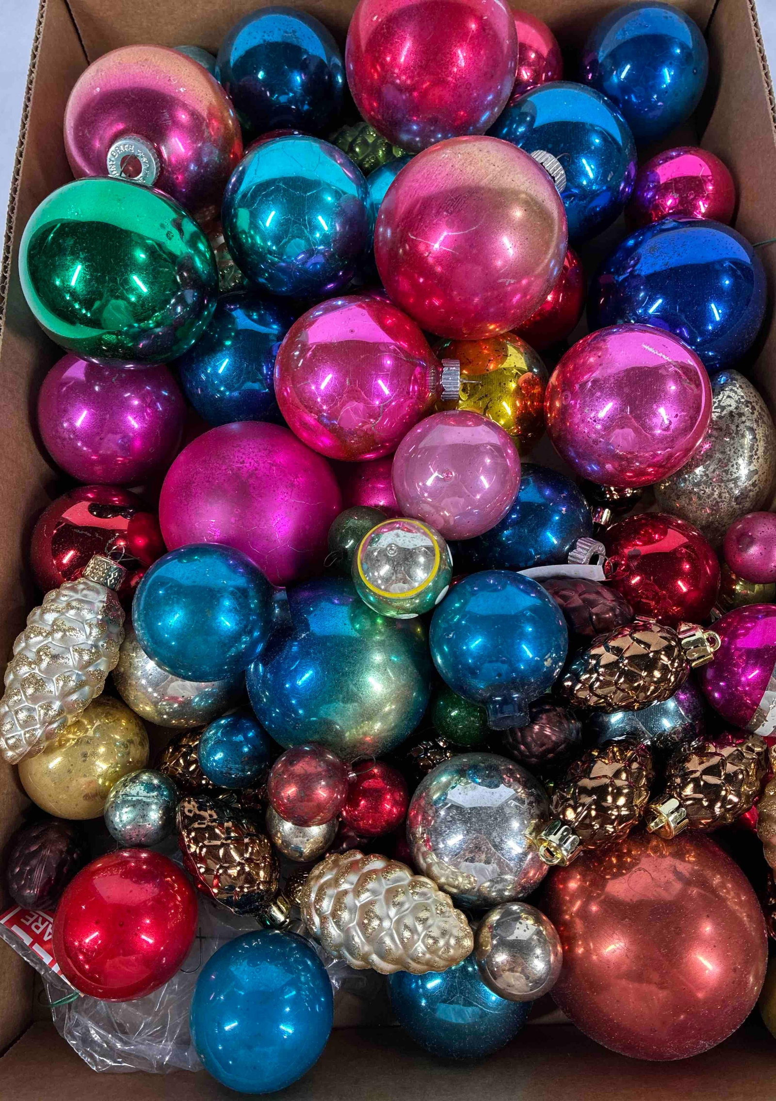 1950s Mercury Glass Christmas Ornaments: A great variety of colors and sizes