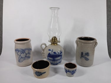 Salt Glazed Stoneware Crocks & Oil Lamp
