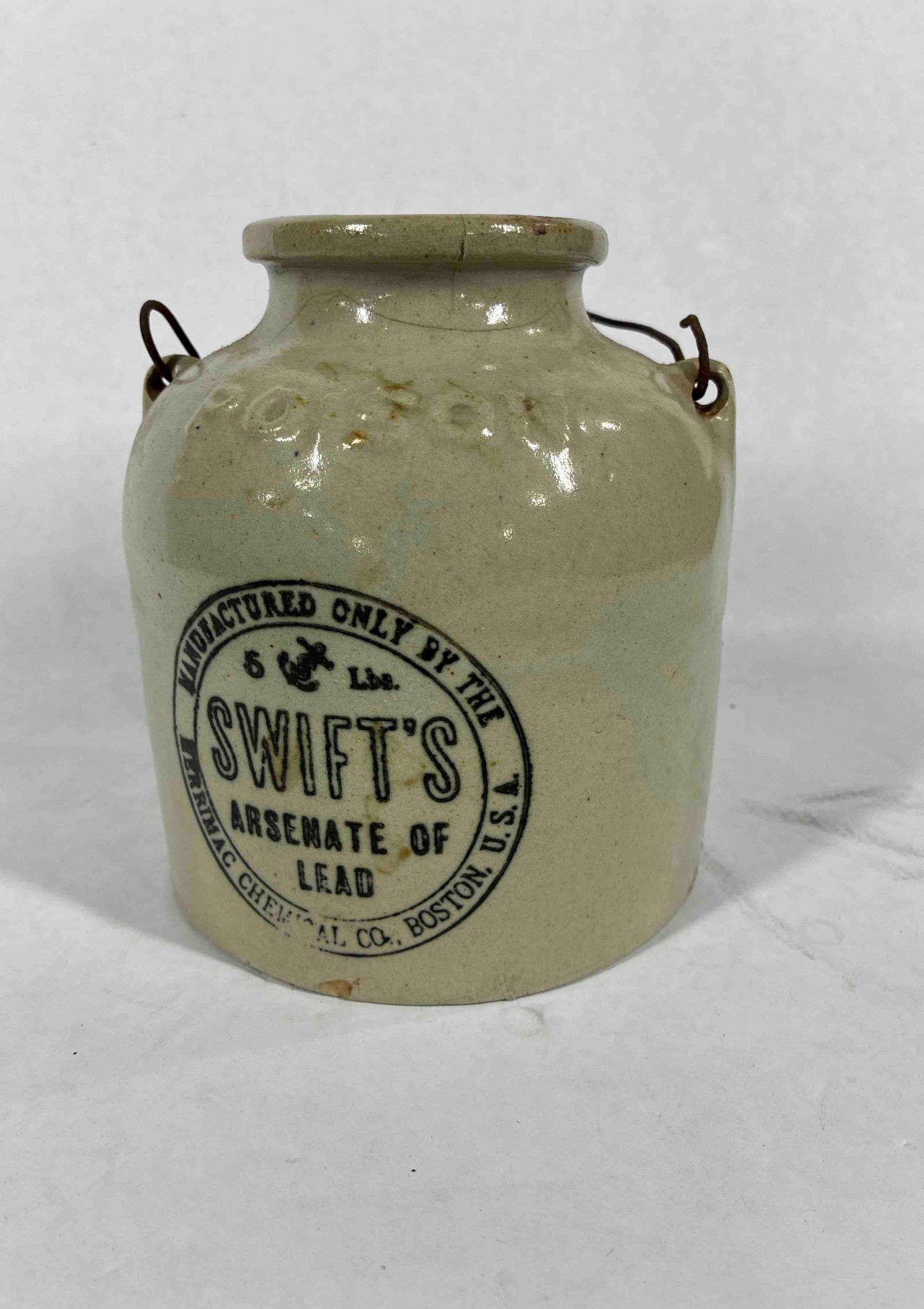 Swifts Arsenate of Lead Store Crock: Embossed Poison to crock. Ceramic Chemical Co, Boston, Several hairlines around front rim. 6 inches tall