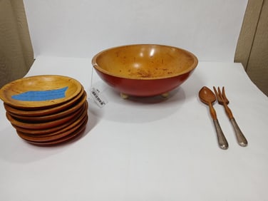 9 Pc Wooden Bowl Set w Sterling Silver Handles
