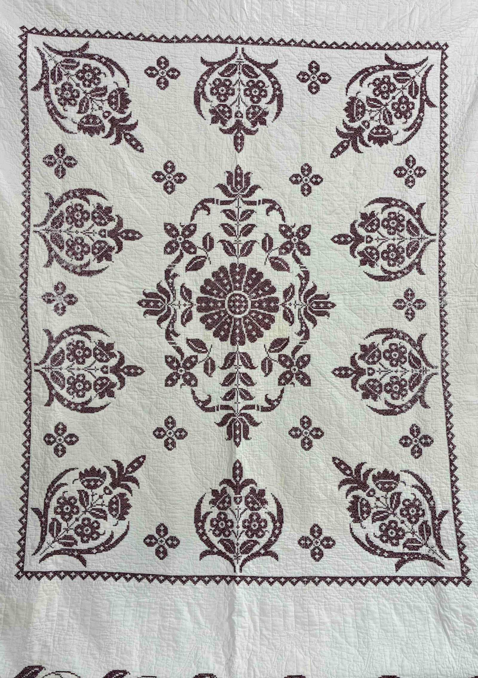 Floral Embroidered Needlework Hand Stitched Quilt: A few yellowing stains along edges but mostly clean condition 79x90.