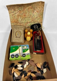 Antique Lot of Various Books inc. BP , Map, Wood Bowling Pins, Arrowheads and More