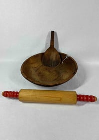 Wooden Dough Bowl WIth Butter Paddle and Red Handled Rolling Pin