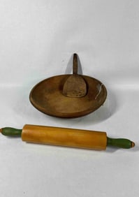 Wooden Dough Bowl WIth Butter Paddle and Green Handled Rolling Pin