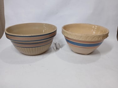 Pink & Blue Striped Yellow Ware Mixing Bowls