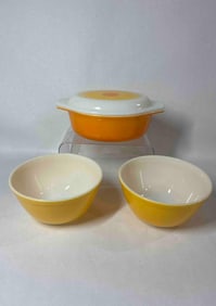 Sunflower Covered Dish & Yellow Pyrex Bowls