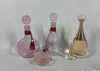 Pink Etched Cellini Perfume Bottles w/ Globe Stoppers, Pink Cow on Nest & Dior J'adore Eau De Parfum