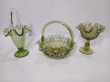 Olive Green Fenton Glass Baskets and Compote