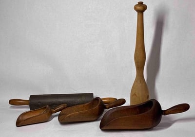 Early Wooden Scoops, Masher, and Tin Rolling Pin