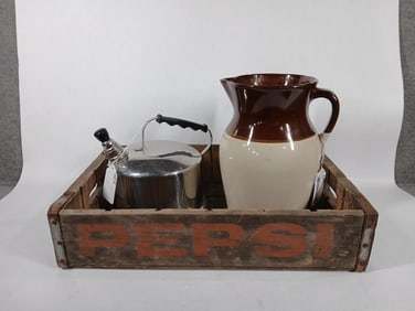 Stoneware Pitcher, Kettle, and Pepsi crate