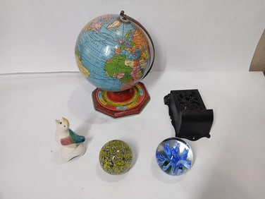 J. Chein Tin Globe, Paperweights, Pie Bird, and Match Holder