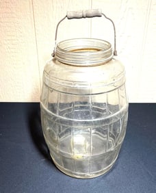 BARREL GLASS PRETZEL JAR