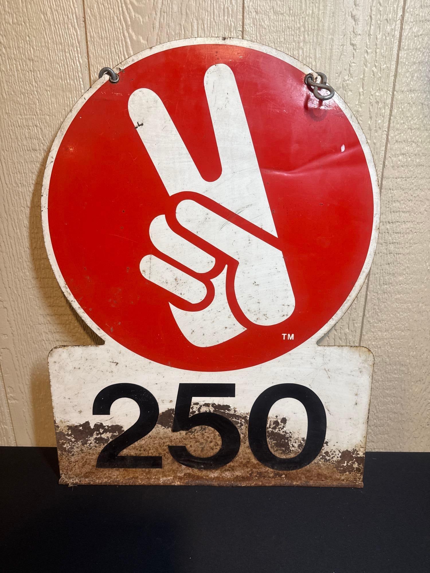 KENDALL 250 DOUBLE SIDED SIGN: RUSTING AND PAINT LOSS SHOW TO BOTH BOTTOM SIDES. INCLUDES HANGING HOOKS. 26X19.5