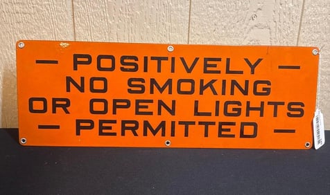 POSITIVELY NO SMOKING OR OPEN LIGHTS PORCELAIN SIGN