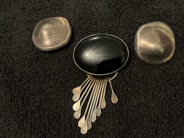 STERLING SILVER DROP HAND BROOCH AND EARRINGS