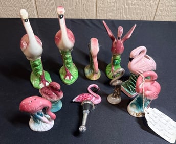 MID CENTURY FLAMINGO FIGURES AND S&P SHAKERS