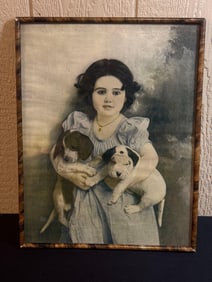 19TH CENTURY VICTORIAN GIRL WITH DOGS LITHOGRAPH