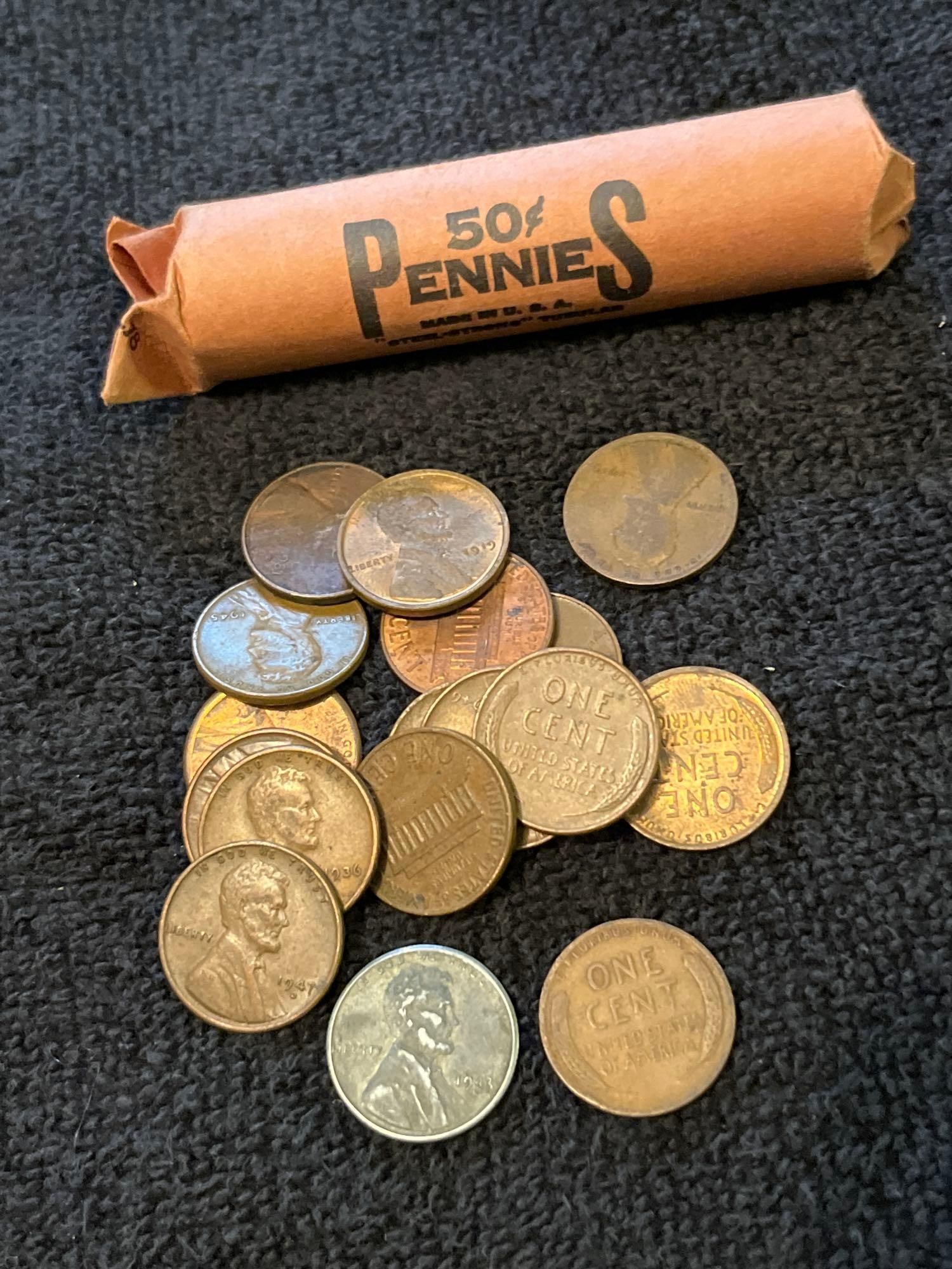 STEEL, WHEAT, AND LINCOLN HEAD PENNIES: ROLL IS UNSORTED.