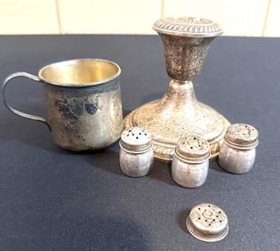 STERLING SILVER CANDLESTICK, CUP AND SHAKERS