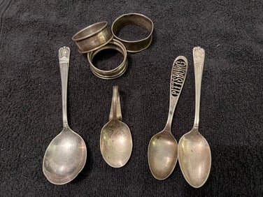 STERLING SILVER NAPKIN RINGS AND SPOONS