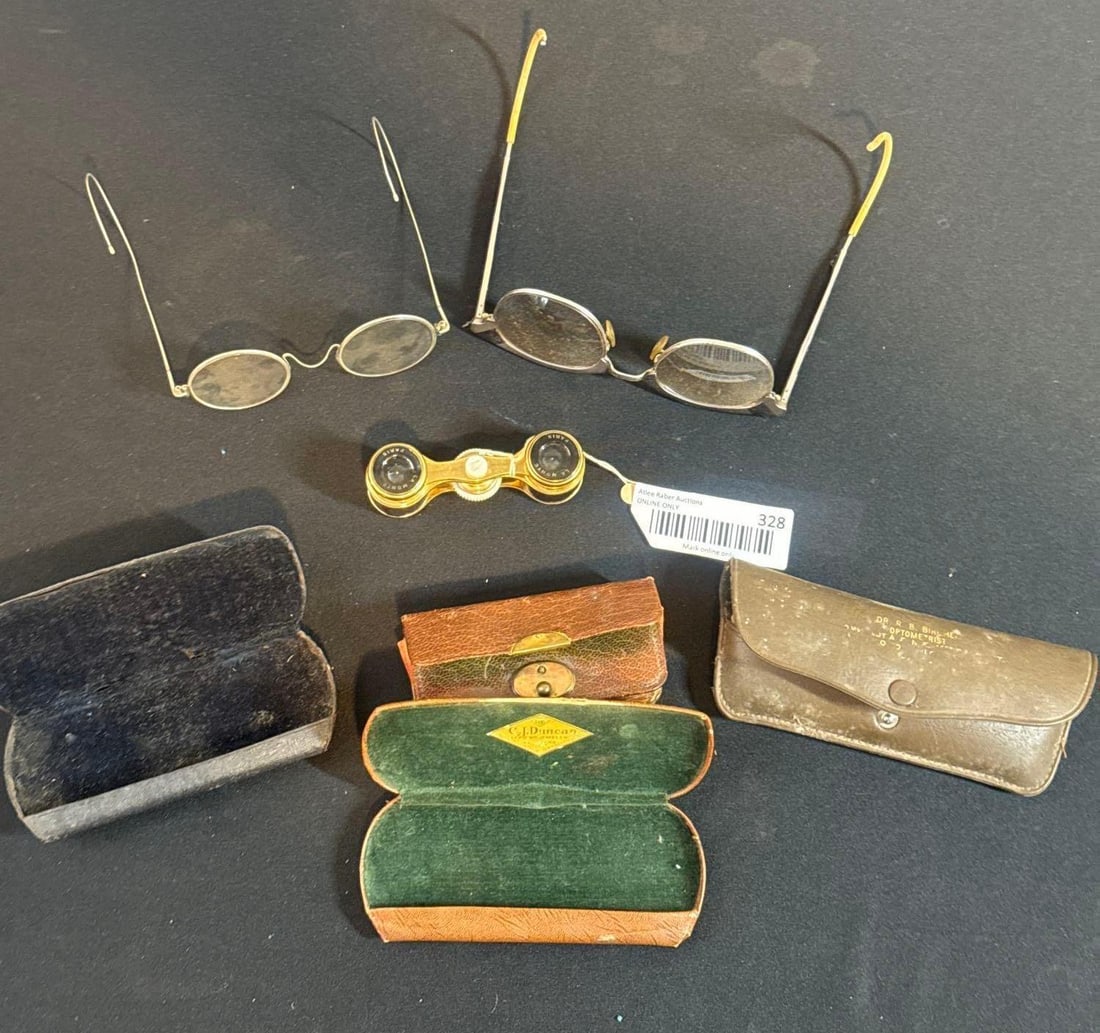 PARIS FRANCE OPERA GLASSES & WIRE RIM GLASSES: LA MONTE PARIS WITH LEATHER DETAIL, MOTHER OF PEARL WHEEL, AND LEATHER CASE