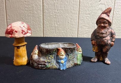 1900S CERAMIC GNOME PLANTER, FIGURE, AND MUSHROOM