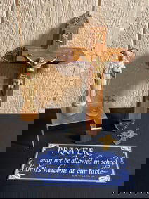 CRUCIFIX, PRAYER PORCELAIN SIGN, AND RELIGIOUS ITEMS