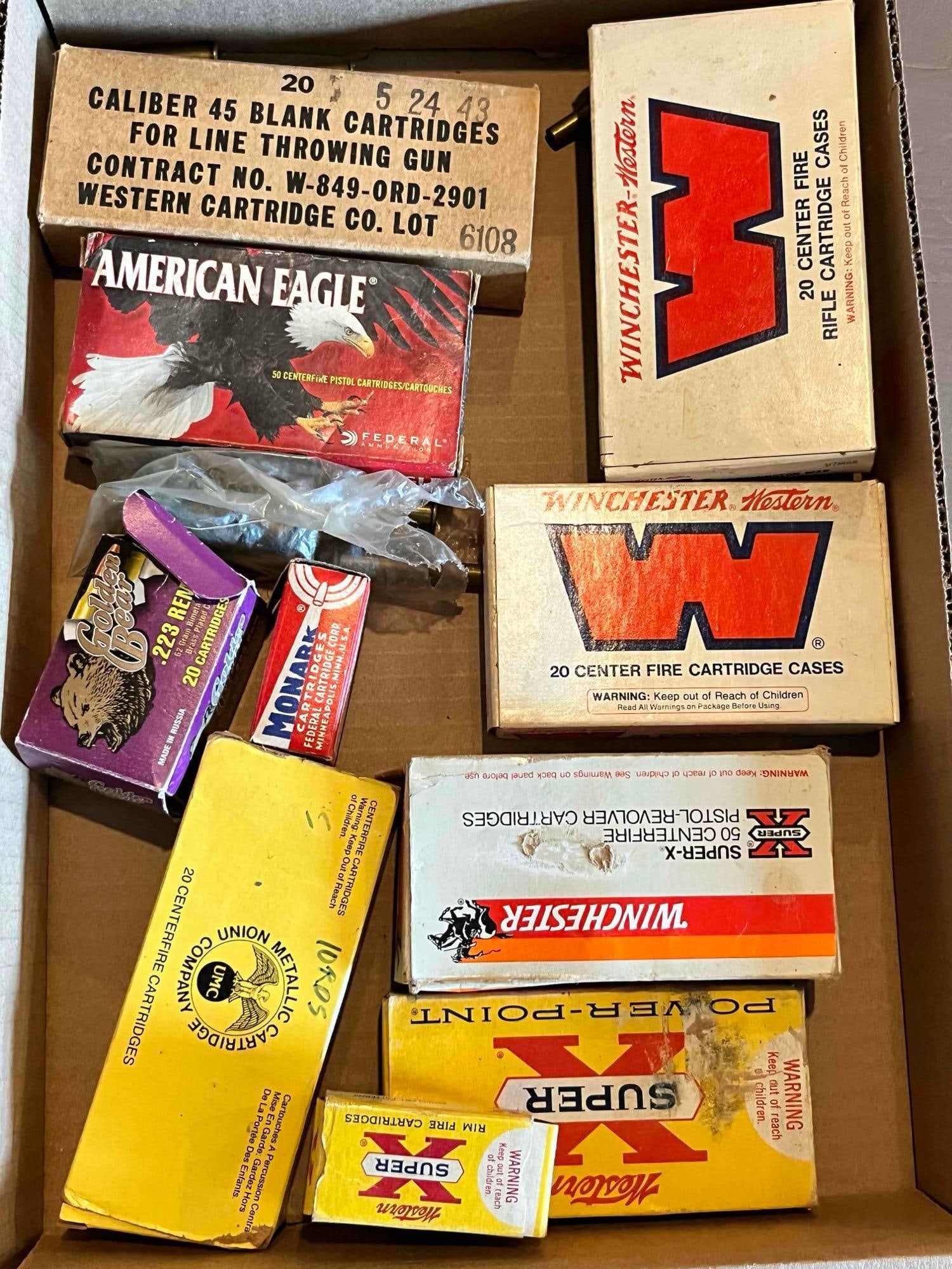 AMERICAN EAGLE, WINCHESTER, WESTERN, AND MONARK CARTRIDGES: MOST ARE FULL BUT SOME A PARTIAL. SEE PHOTO FOR FULL SIZE DESCRIPTION