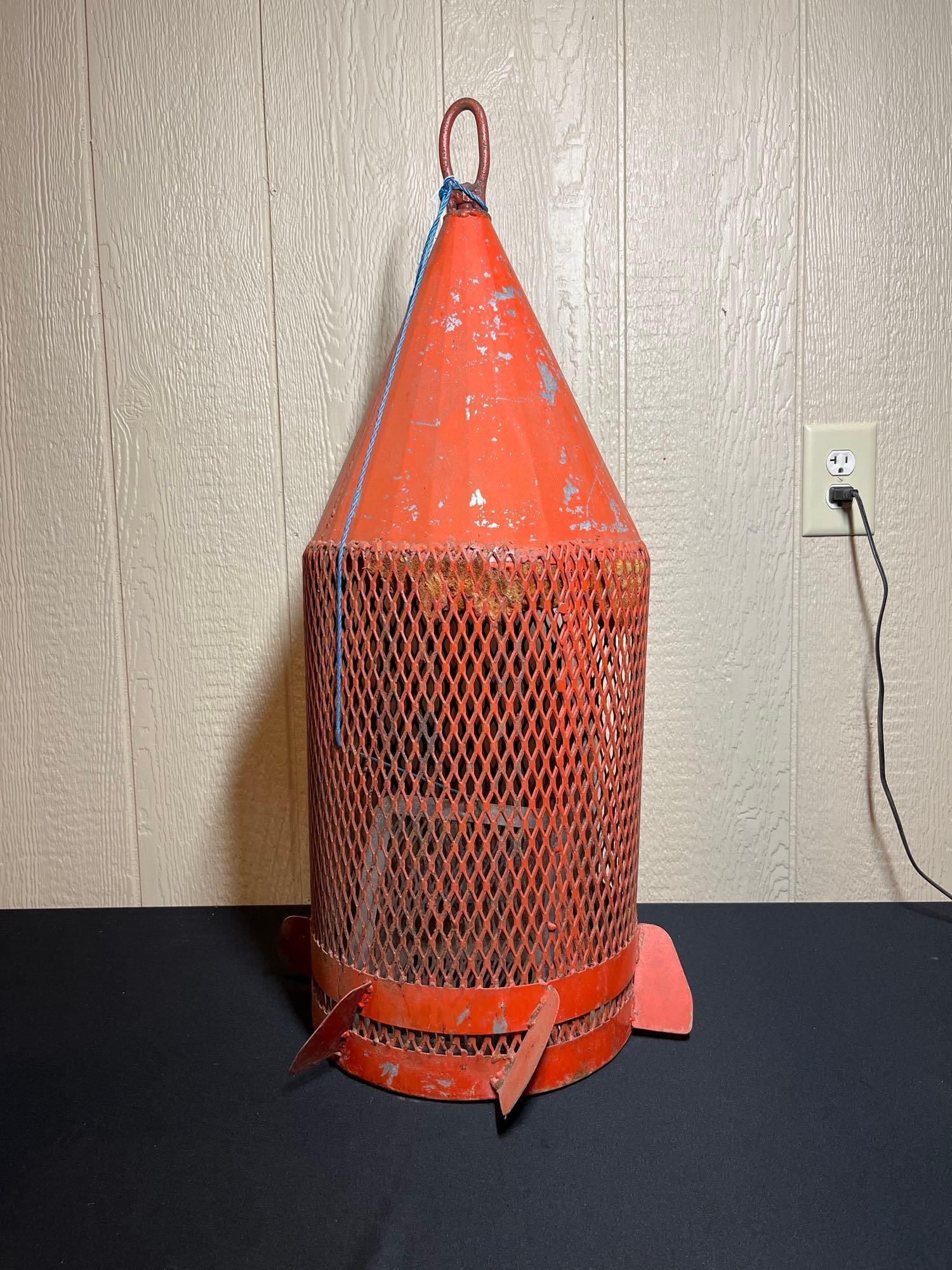 CONE SHAPED CRITTER TRAP: DROP DOWN DOOR ON BOTTOM AND FLANGES TO EDGES. POSSIBLY FOR FISH OR LOBSTERS. 33 INCHES TALL X 12.