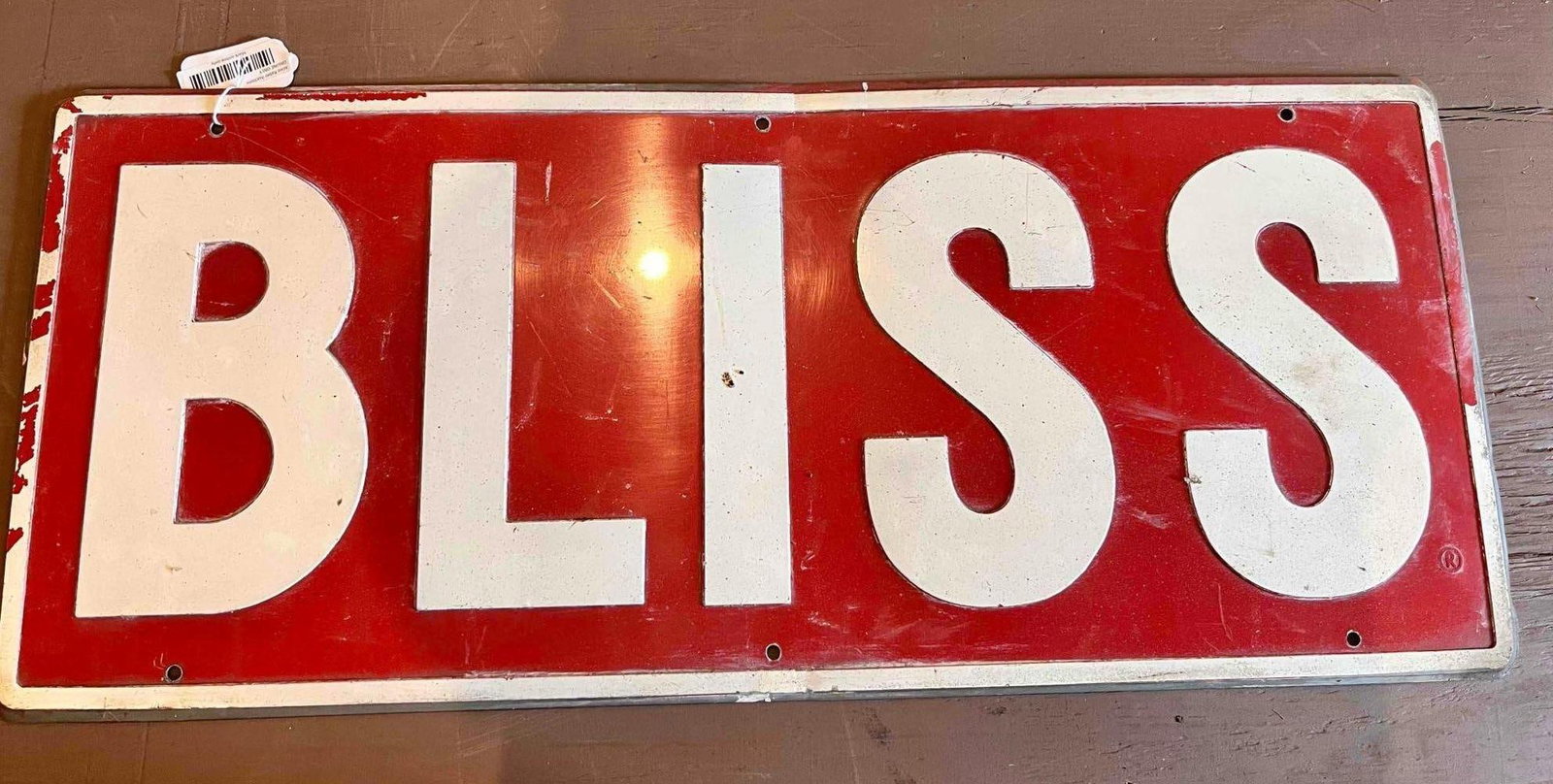 EMBOSSED BLISS SIGN: SINGLE SIDED TIN. 34X14.5