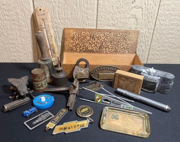 CAST IRON FLY, TEACHERS BELL, BRASS TAGS, THERMOMETER AND MORE