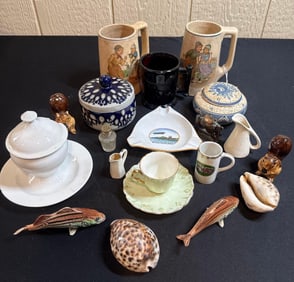 IOWA CITY PURPLE AMETHYST MUG, GERMAN STEINS, SALT GLAZED POTTERY, S&P SHAKERS AND MORE