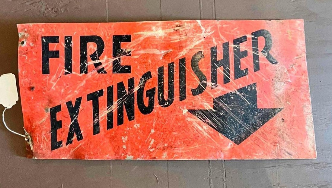 FIRE EXTINGUISHER DOUBLE SIDED TIN SIGN: 22X10.5. MINOR SCUFFS AND DISCOLORATION SPOTS