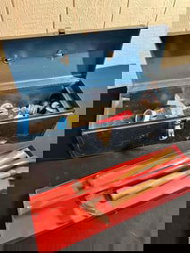 BLUE METAL TOOL BOX AND TOOLS