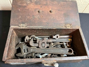FANCY WOODEN TOOL BOX & OLDER WRENCHES