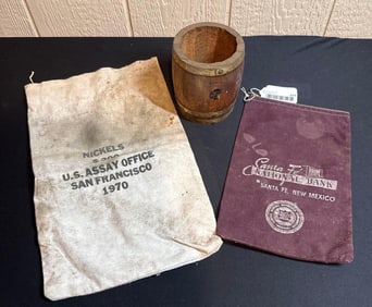 NICKELS & BANK BAG WITH COIN BARREL