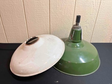 GREEN AND WHITE PORCELAIN SERVICE STATION SHADES