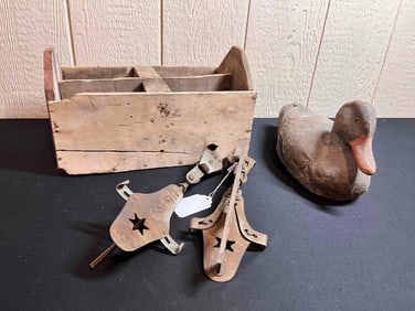 PRIMITIVE SECTIONED CADY, DUCK DECOY & METAL ICE SKATES