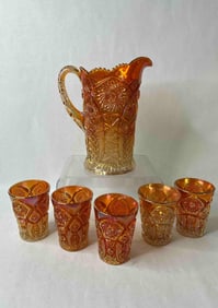 Marigold Carnival Glass Pitcher & Cup Set