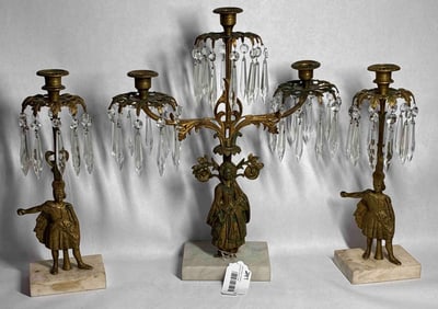 Victorian Girandole Set of 3 Edwardian Marble Base w/ Prisms