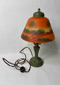 Art Nouveau Era Reverse Painted Handel Cast Iron Base Electrified Table Lamp