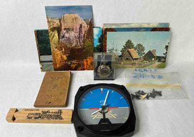 Trintec Artificial Horizon Instrument Clock, Shark Teeth, Train Pocket Watch, & Post Cards