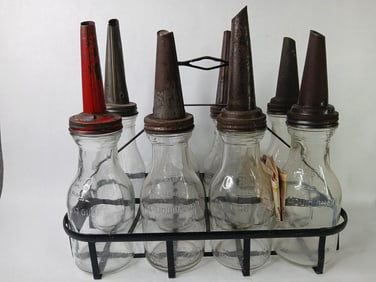 8 Various One Quart Oil Bottles in Carrier w/ Spouts