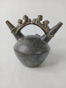 Pre Columbian Chimu Double Black Ware Stirrup Spouted Vessel