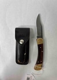 Folding Buck 110 Pocket Knife w/ Wood & Brass Handle Inc. Black Leather Sheath