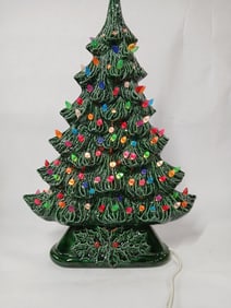 Mid Century Hand Painted/ Glazed Lighted Christmas Tree on Pedestal Flat not Rounded